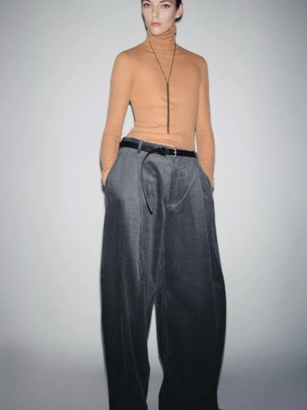 Zara ZW collection pleated wide-leg corduroy trousers in petrol blue